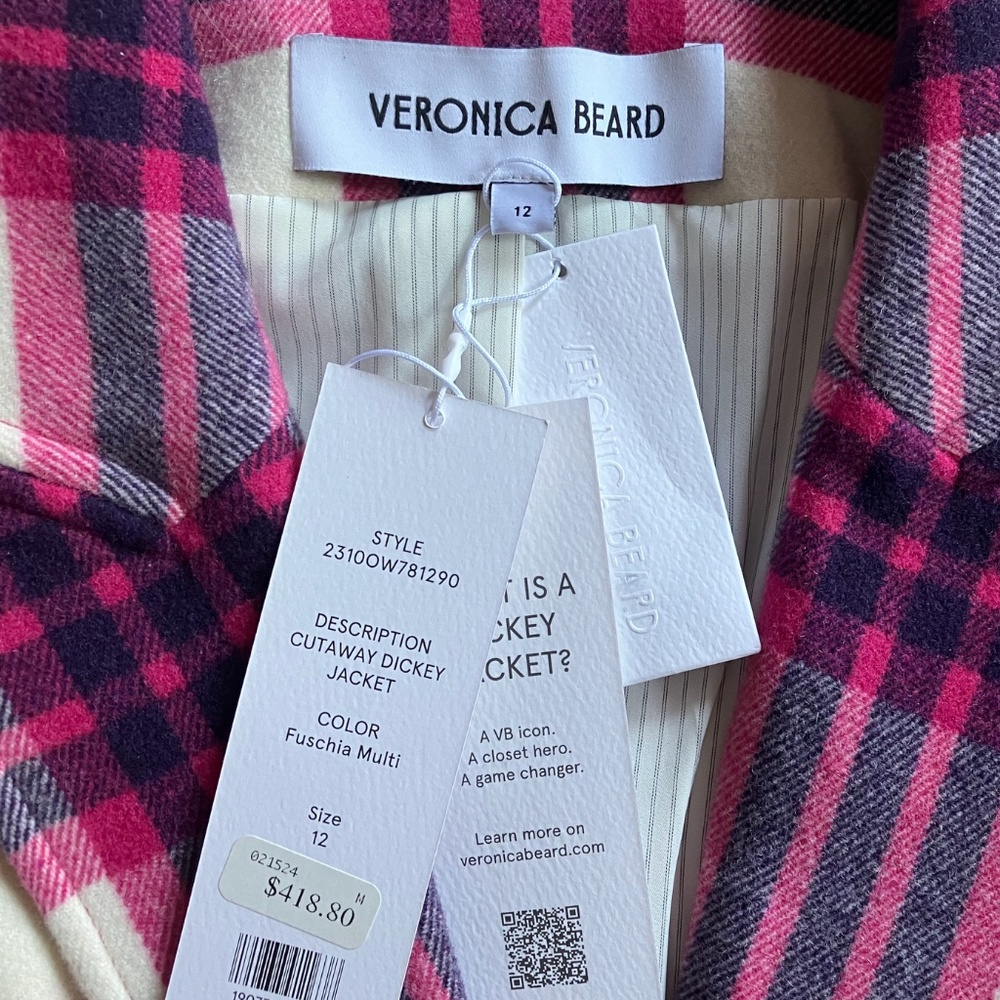 Veronica Beard Fuscia and Cream Plaid Blazer NWT - Picture 7 of 9